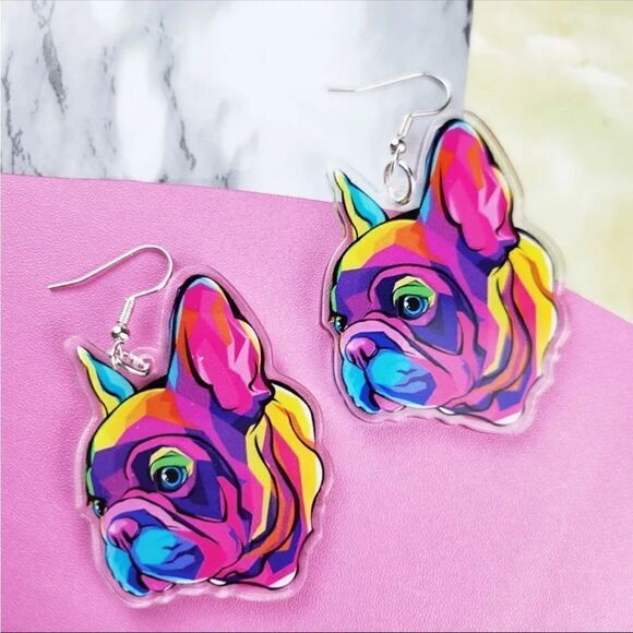 French Bulldog Lightweight Earrings Acrylic 80s/90s Vibrant Pink/Purple Frenchie - Picture 3 of 4